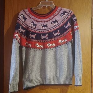 Holiday Time Women's Sweater with Dog Pattern - Red, Pink, Blue, Silver Sparkle